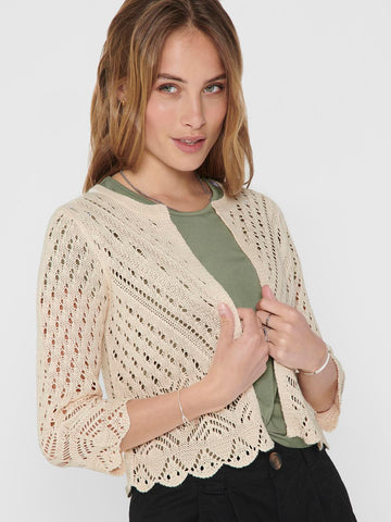 JDY Cropped 3/4 Sleeve Knit Cardigan in Beige