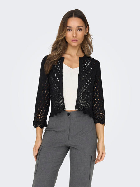 JDY Cropped 3/4 Sleeve Knit Cardigan in Black