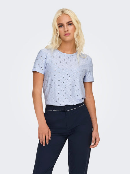 JDY Broderie Anglaise Detail T-Shirt in Blue