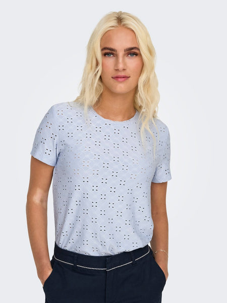 JDY Broderie Anglaise Detail T-Shirt in Blue