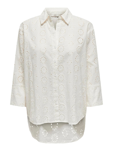 JDY Embroidered 3/4 Sleeve Shirt in Cream