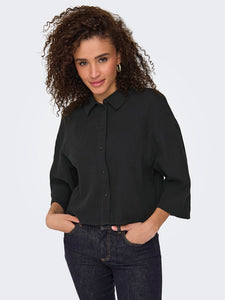 JDY Cropped 3/4 Sleeve Cheesecloth Shirt in Charcoal