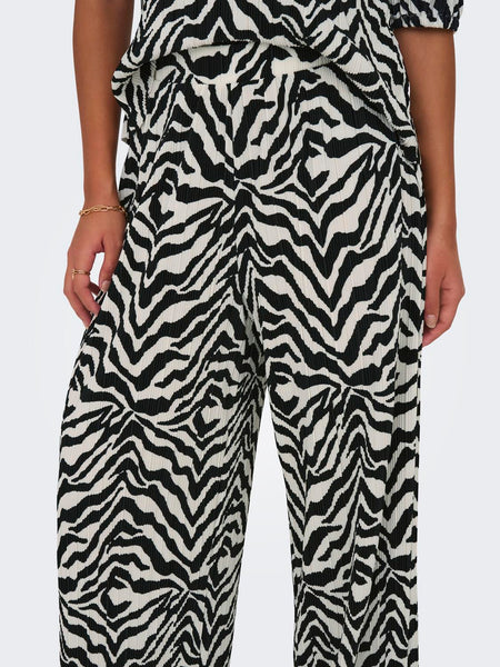 JDY Zebra Print Plisse Trousers in Cream