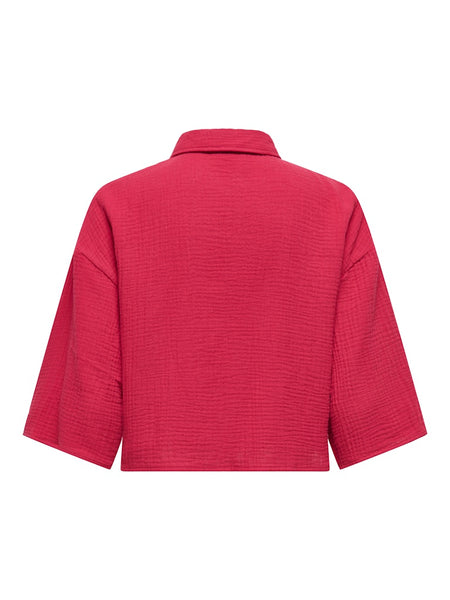 JDY Cropped 3/4 Sleeve Cotton Shirt in Red