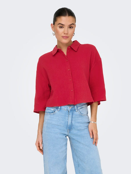 JDY Cropped 3/4 Sleeve Cotton Shirt in Red