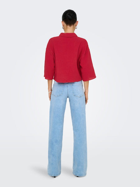 JDY Cropped 3/4 Sleeve Cotton Shirt in Red