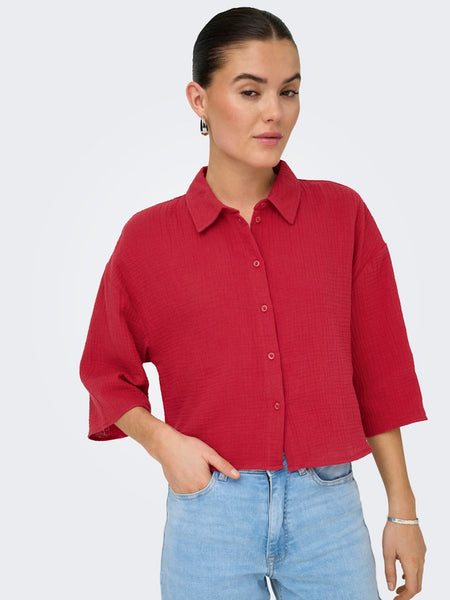 JDY Cropped 3/4 Sleeve Cotton Shirt in Red