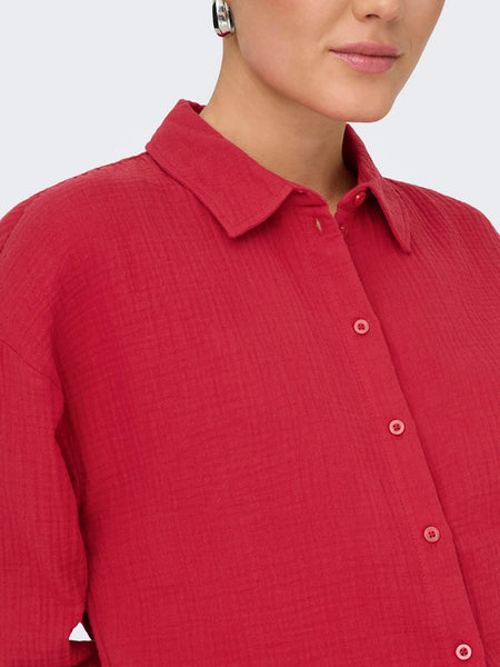 JDY Cropped 3/4 Sleeve Cotton Shirt in Red