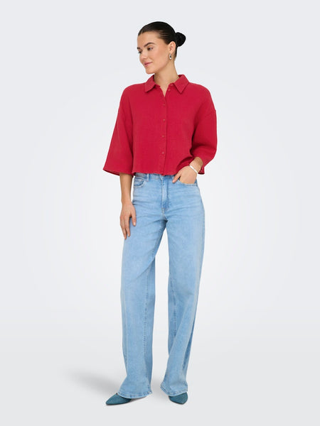 JDY Cropped 3/4 Sleeve Cotton Shirt in Red