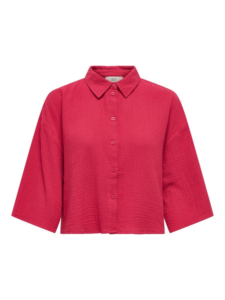 JDY Cropped 3/4 Sleeve Cotton Shirt in Red