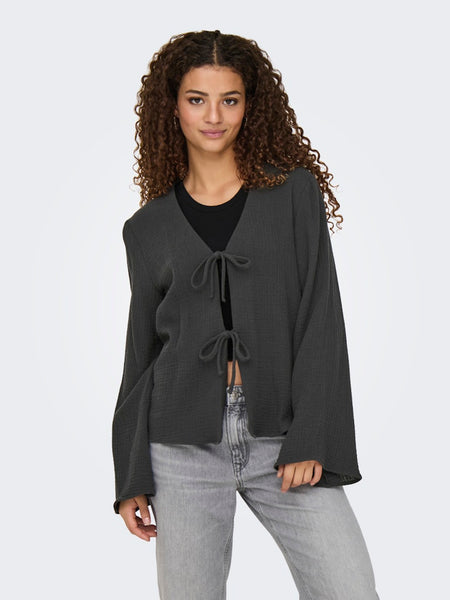 JDY Front Tie Cheesecloth Top in Charcoal