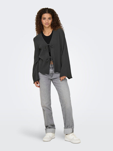 JDY Front Tie Cheesecloth Top in Charcoal