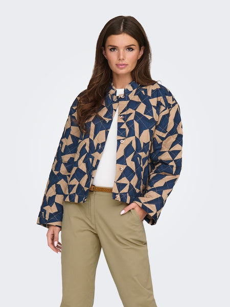 JDY Patterned Short Quilted Jacket in Blue