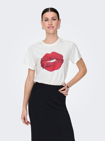 JDY Printed Lips T-Shirt in White