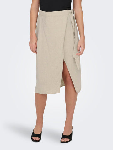 JDY Linen Blend Wrap Skirt in Beige
