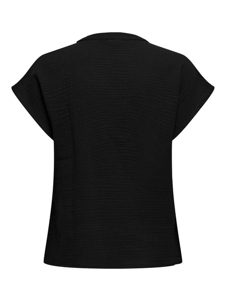 JDY Short Sleeve V-neck Cotton Top in Black