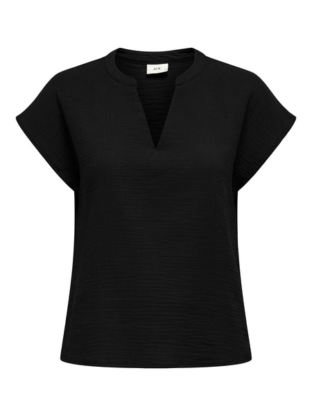 JDY Short Sleeve V-neck Cotton Top in Black