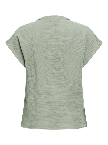 JDY Short Sleeve V-neck Cotton Top in Sage Green