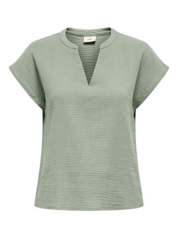 JDY Short Sleeve V-neck Cotton Top in Sage Green