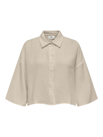 JDY 3/4 Sleeve Cropped Cotton Shirt in Cream