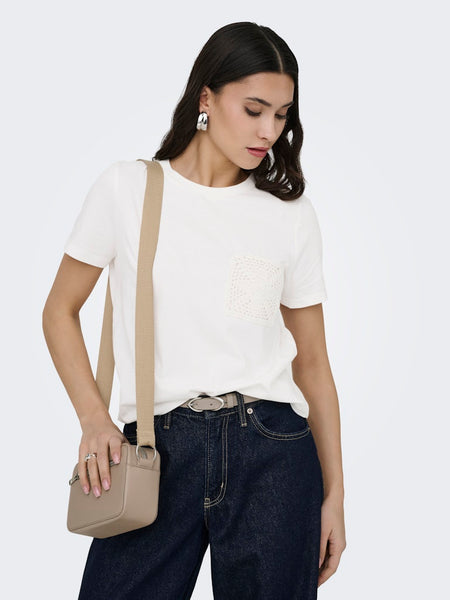 JDY Crochet Pocket Detail T-Shirt in White