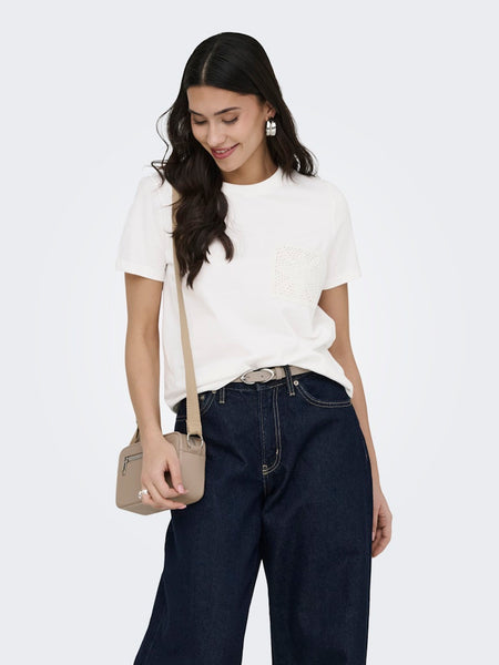 JDY Crochet Pocket Detail T-Shirt in White