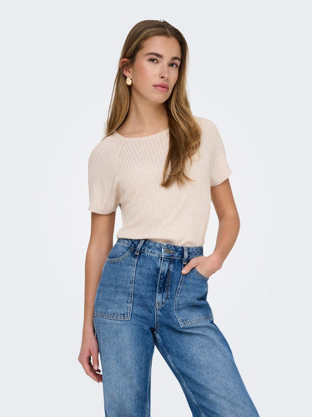 JDY Short Sleeve Ribbed Glitter Knit Top in Gold