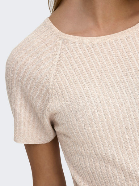 JDY Short Sleeve Ribbed Glitter Knit Top in Gold