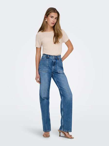 JDY Short Sleeve Ribbed Glitter Knit Top in Gold
