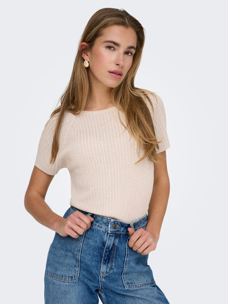 JDY Short Sleeve Ribbed Glitter Knit Top in Gold