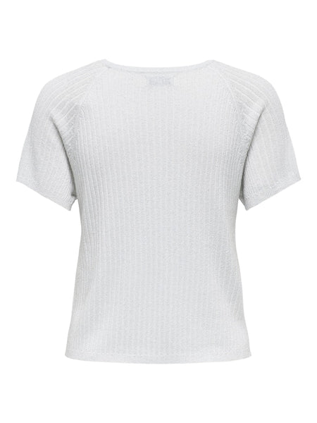JDY Short Sleeve Ribbed Glitter Knit Top in Silver
