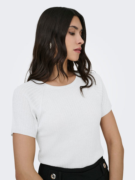 JDY Short Sleeve Ribbed Glitter Knit Top in Silver