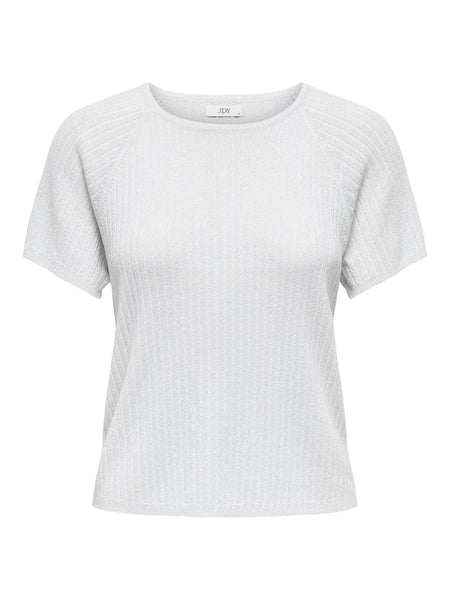 JDY Short Sleeve Ribbed Glitter Knit Top in Silver