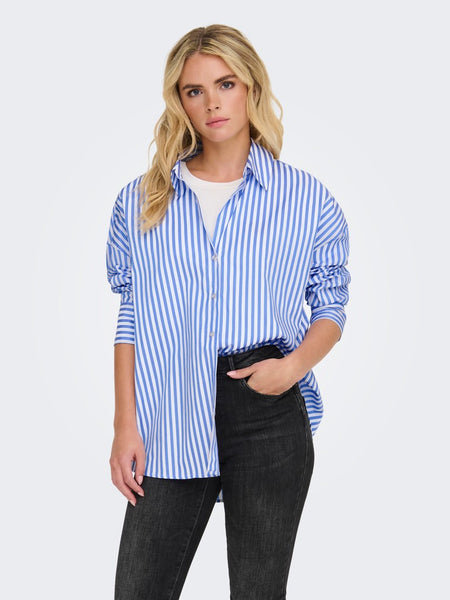 JDY Striped V-Neck Shirt in Blue