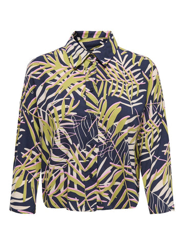 JDY Leaf Print 3/4 Sleeve Cropped Shirt in Navy