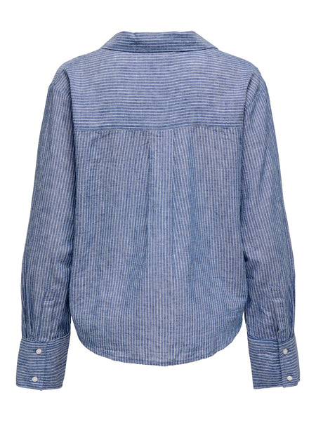 JDY Striped Linen Blend V-Neck Shirt in Denim Blue