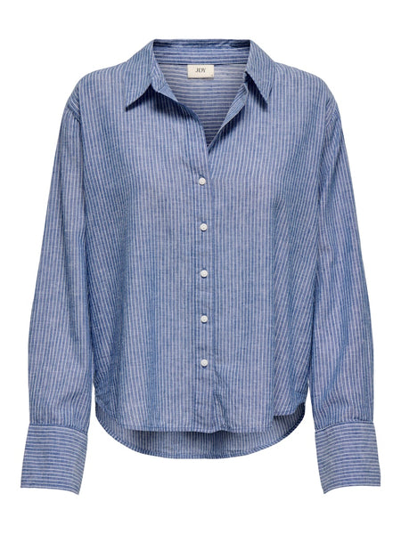 JDY Striped Linen Blend V-Neck Shirt in Denim Blue