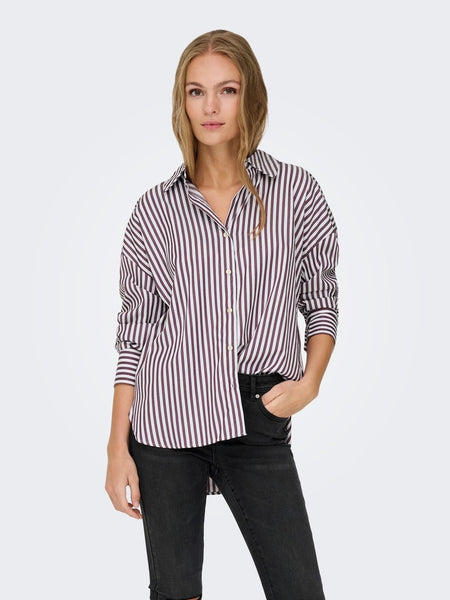 JDY Striped V-Neck Shirt in Burgundy