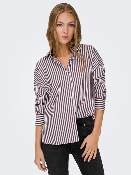 JDY Striped V-Neck Shirt in Burgundy