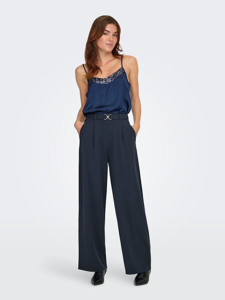 JDY Wide Leg Trousers With Belt in Navy