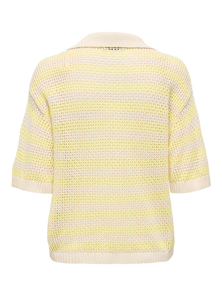 JDY Striped Short Sleeve Polo Neck Knit Top in Yellow