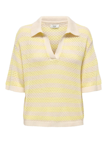 JDY Striped Short Sleeve Polo Neck Knit Top in Yellow