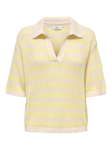 JDY Striped Short Sleeve Polo Neck Knit Top in Yellow