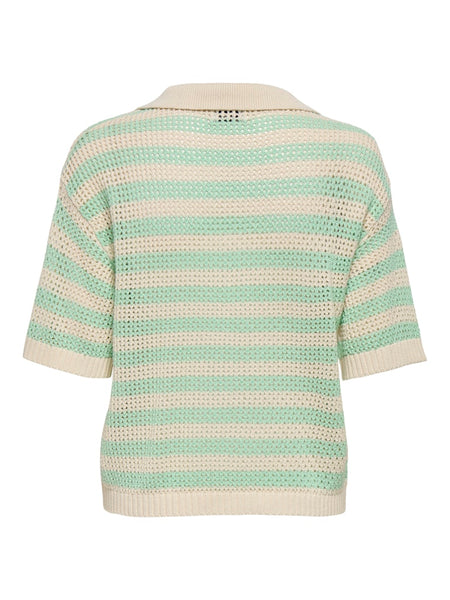 JDY Striped Short Sleeve Polo Neck Knit Top in Green