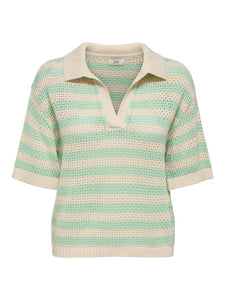 JDY Striped Short Sleeve Polo Neck Knit Top in Green