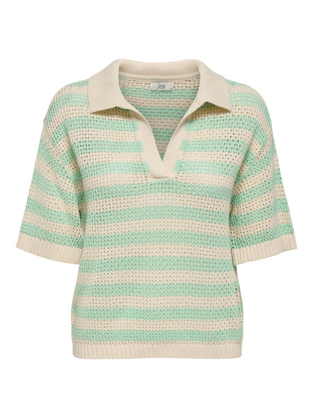 JDY Striped Short Sleeve Polo Neck Knit Top in Green