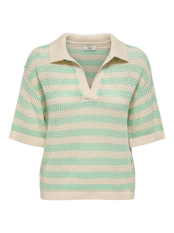 JDY Striped Short Sleeve Polo Neck Knit Top in Green