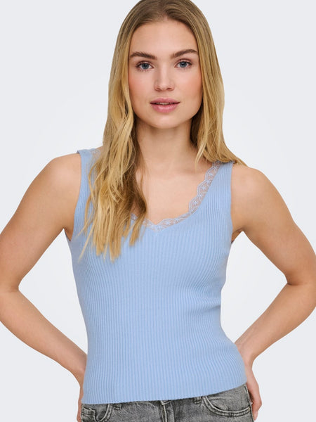 JDY Lace Detail Rib Tank Top in Blue