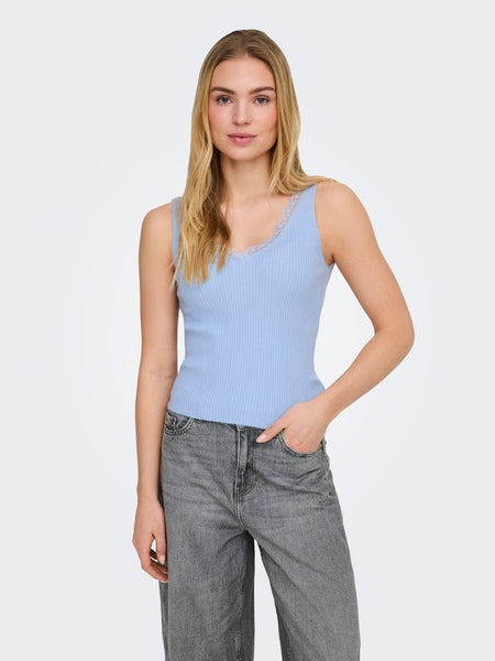 JDY Lace Detail Rib Tank Top in Blue