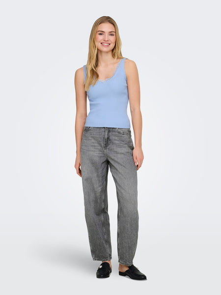 JDY Lace Detail Rib Tank Top in Blue